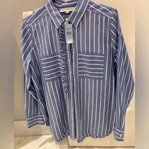 LOFT blue & white stripes ruffle blouse MP NWT